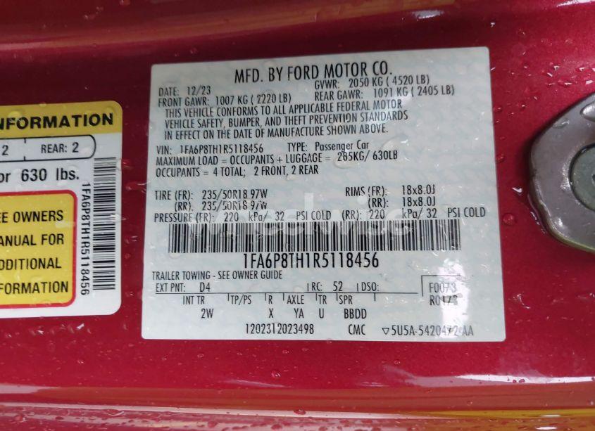 Photo 9 of 2024 Ford Mustang ECOBOOST FASTBACK (VIN 1FA6P8TH1R5118456)