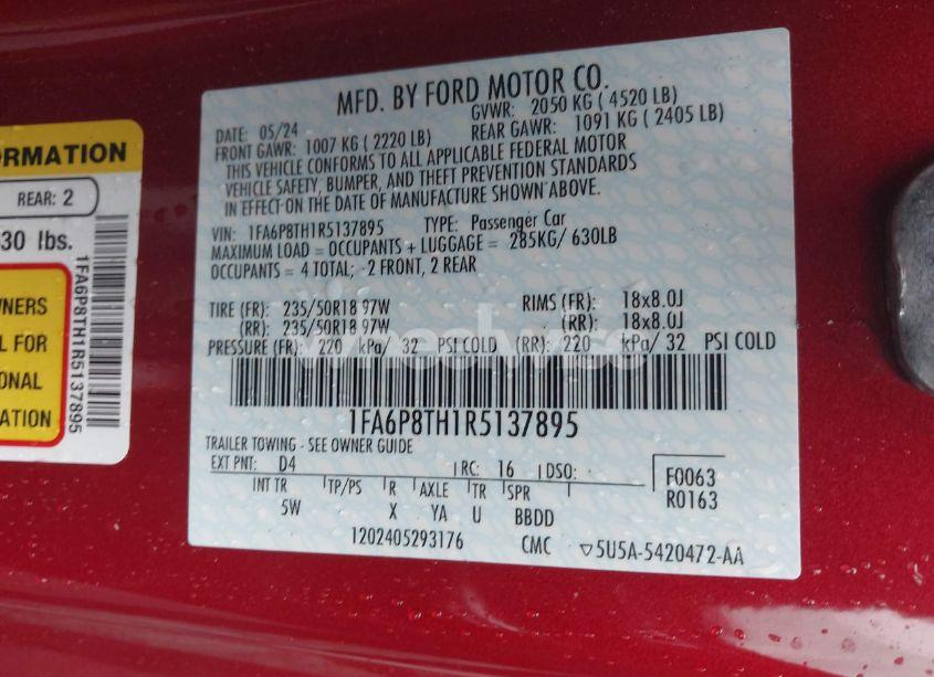 Photo 9 of 2024 Ford Mustang ECOBOOST PREMIUM FASTBACK (VIN 1FA6P8TH1R5137895)