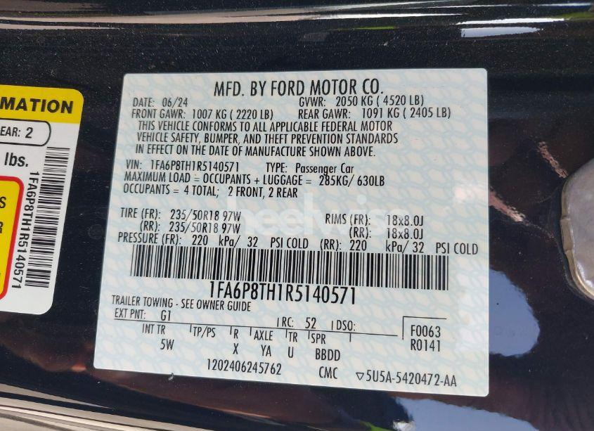 Photo 9 of 2024 Ford Mustang ECOBOOST PREMIUM FASTBACK (VIN 1FA6P8TH1R5140571)