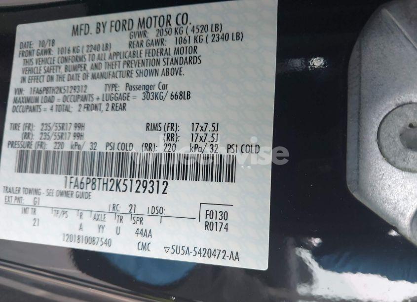 Photo 9 of 2019 Ford Mustang ECOBOOST (VIN 1FA6P8TH2K5129312)