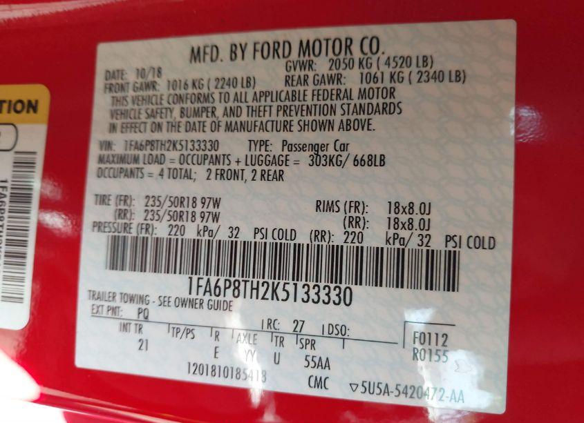 Photo 9 of 2019 Ford Mustang ECOBOOST (VIN 1FA6P8TH2K5133330)