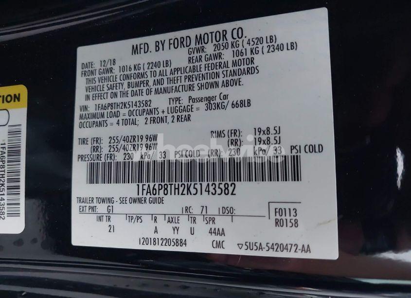 Photo 9 of 2019 Ford Mustang ECOBOOST (VIN 1FA6P8TH2K5143582)