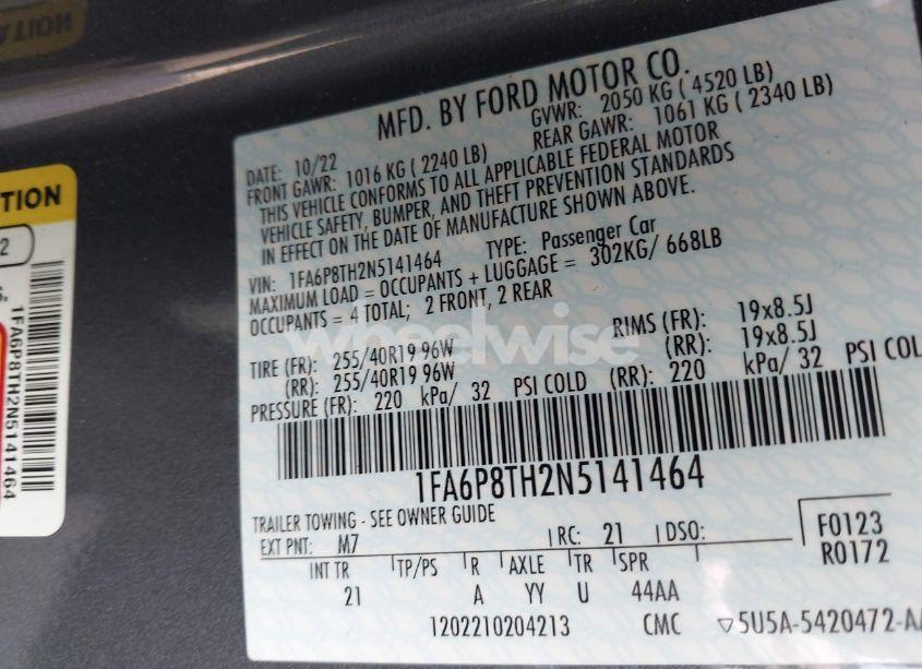 Photo 9 of 2022 Ford Mustang ECOBOOST FASTBACK (VIN 1FA6P8TH2N5141464)