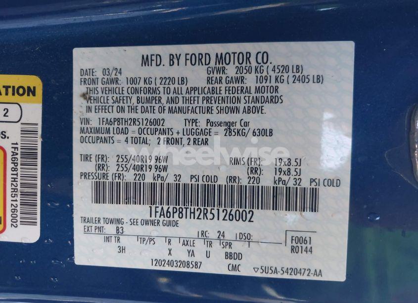 Photo 9 of 2024 Ford Mustang ECOBOOST PREMIUM FASTBACK (VIN 1FA6P8TH2R5126002)