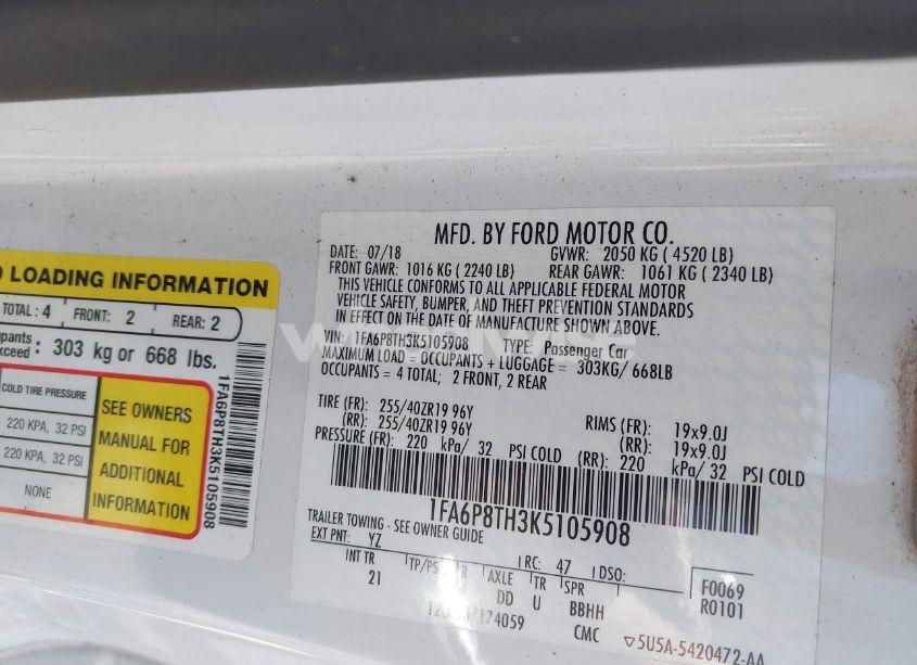 Photo 9 of 2019 Ford Mustang ECOBOOST (VIN 1FA6P8TH3K5105908)