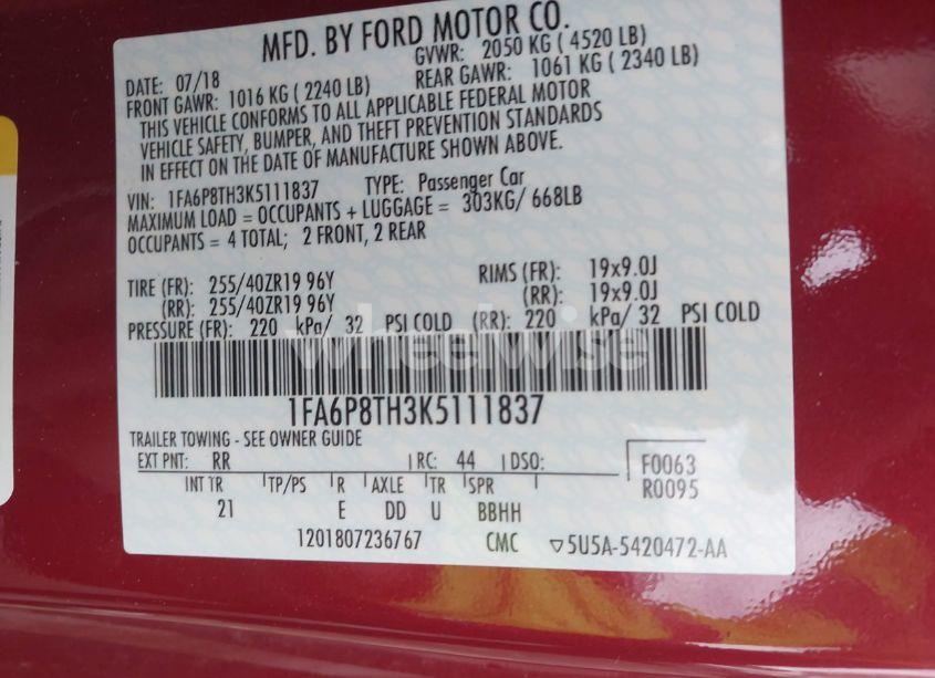 Photo 9 of 2019 Ford Mustang ECOBOOST (VIN 1FA6P8TH3K5111837)