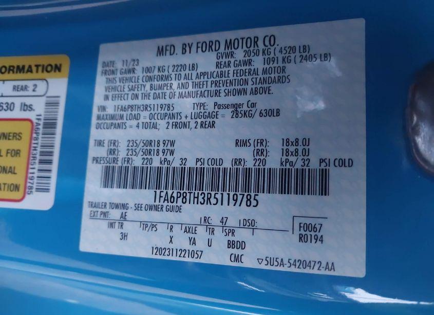 Photo 9 of 2024 Ford Mustang ECOBOOST PREMIUM (VIN 1FA6P8TH3R5119785)