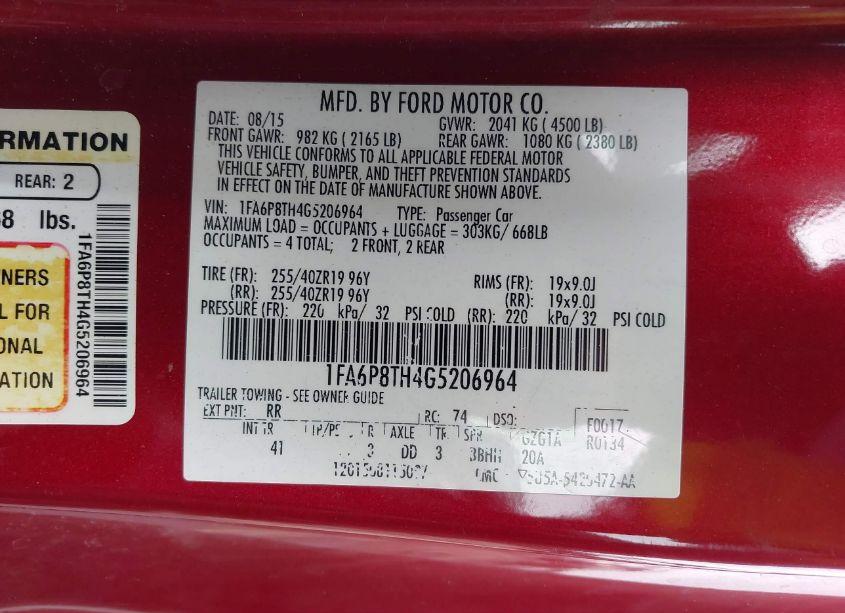 Photo 9 of 2016 Ford Mustang ECOBOOST (VIN 1FA6P8TH4G5206964)