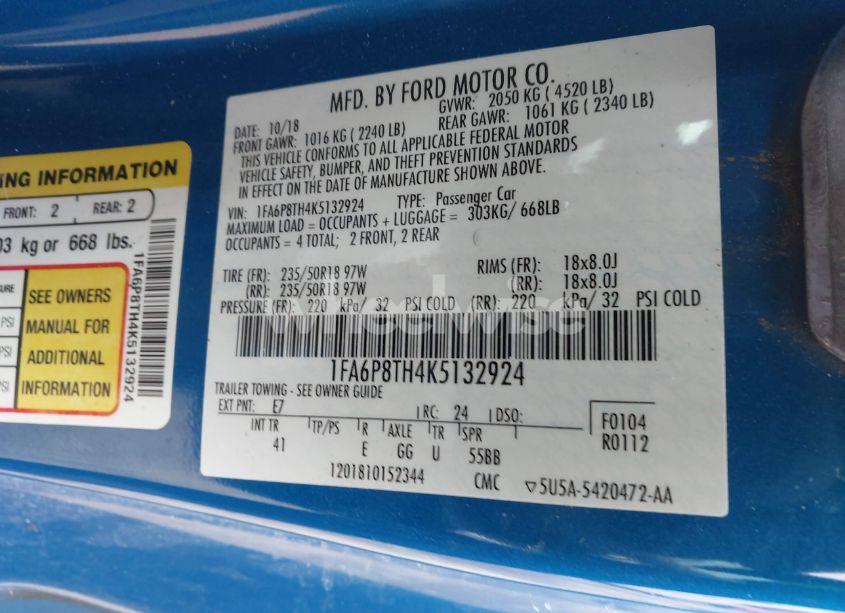 Photo 9 of 2019 Ford Mustang ECOBOOST PREMIUM (VIN 1FA6P8TH4K5132924)