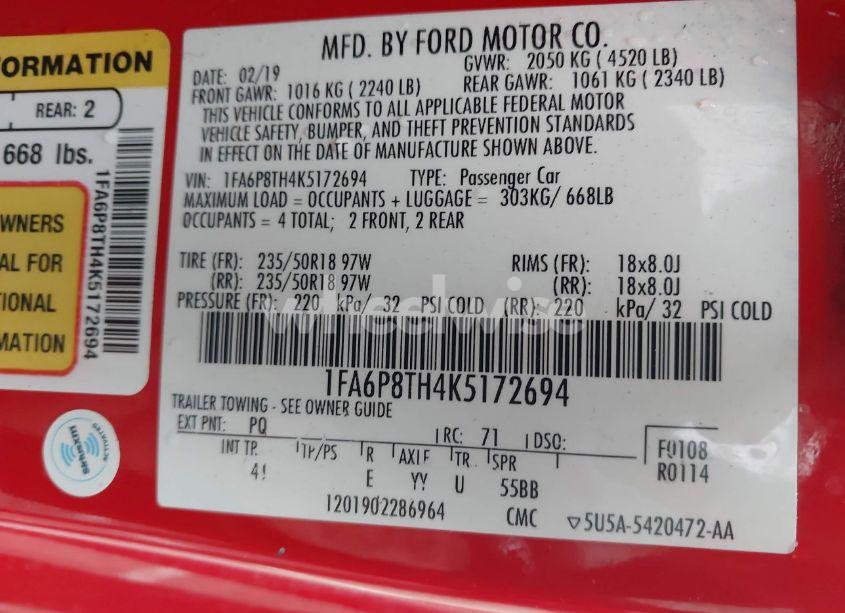 Photo 9 of 2019 Ford Mustang ECOBOOST PREMIUM (VIN 1FA6P8TH4K5172694)