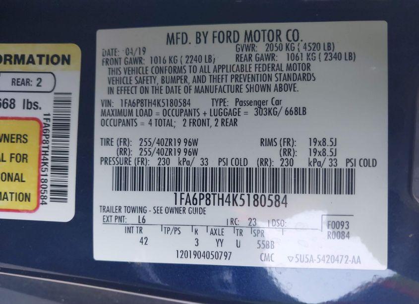 Photo 9 of 2019 Ford Mustang ECOBOOST PREMIUM (VIN 1FA6P8TH4K5180584)