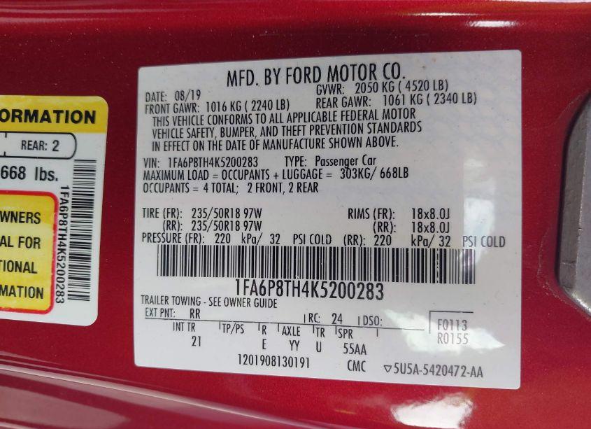 Photo 9 of 2019 Ford Mustang ECOBOOST (VIN 1FA6P8TH4K5200283)