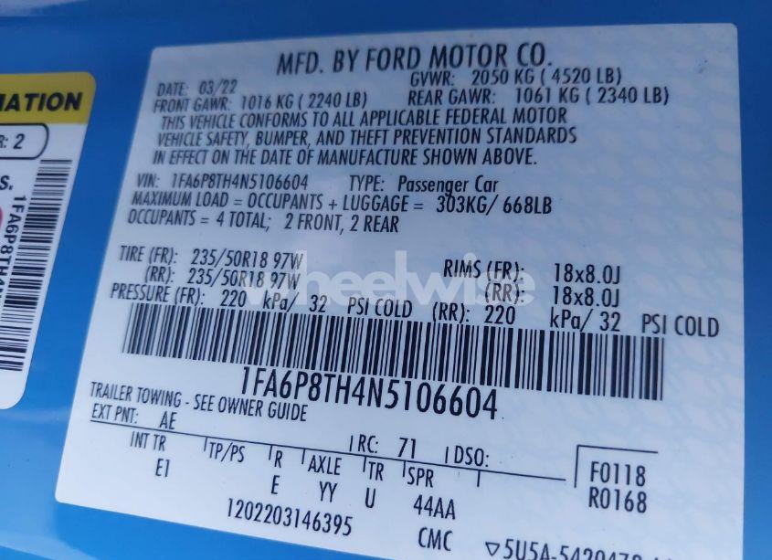 Photo 9 of 2022 Ford Mustang ECOBOOST PREMIUM FASTBACK (VIN 1FA6P8TH4N5106604)