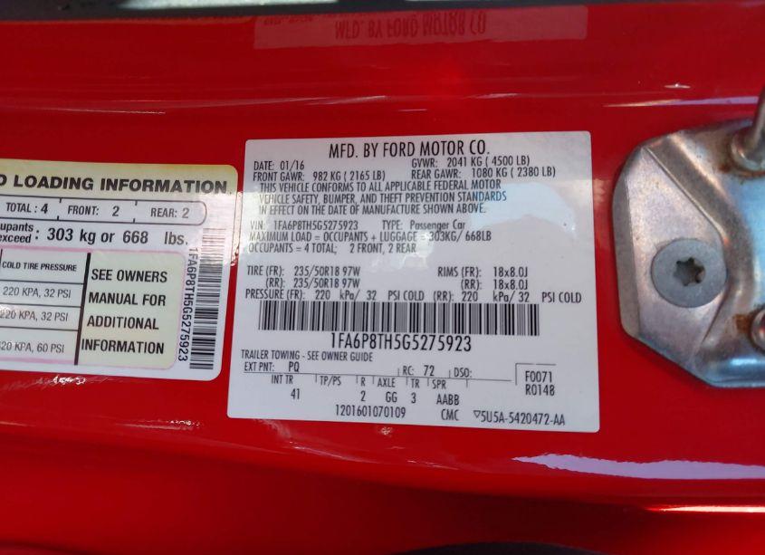 Photo 9 of 2016 Ford Mustang ECOBOOST (VIN 1FA6P8TH5G5275923)