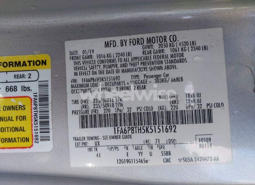 Photo 9 of 2019 Ford Mustang ECOBOOST PREMIUM (VIN 1FA6P8TH5K5151692)