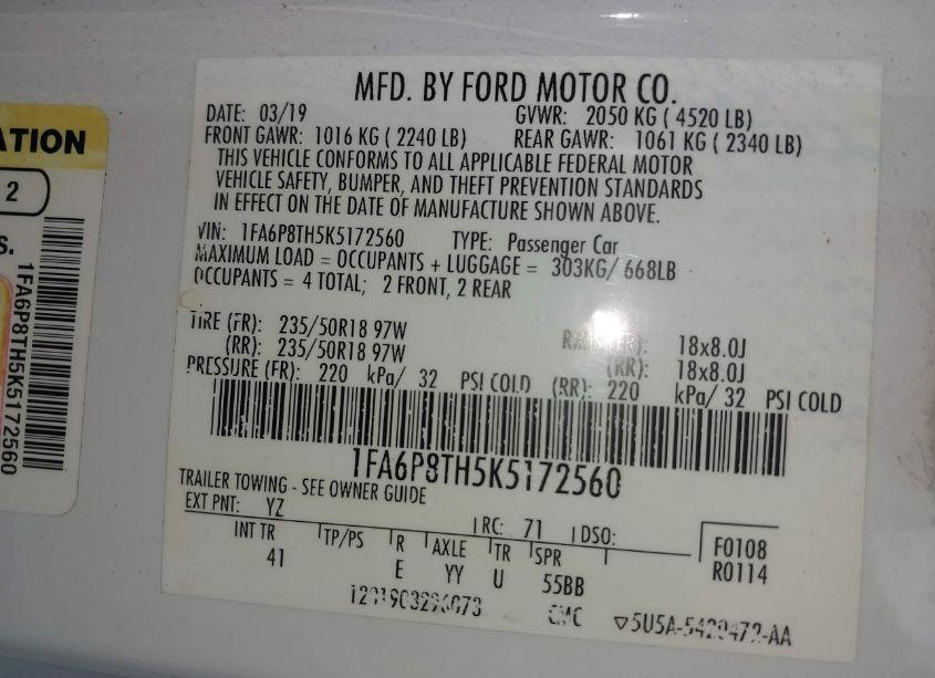 Photo 9 of 2019 Ford Mustang ECOBOOST PREMIUM (VIN 1FA6P8TH5K5172560)