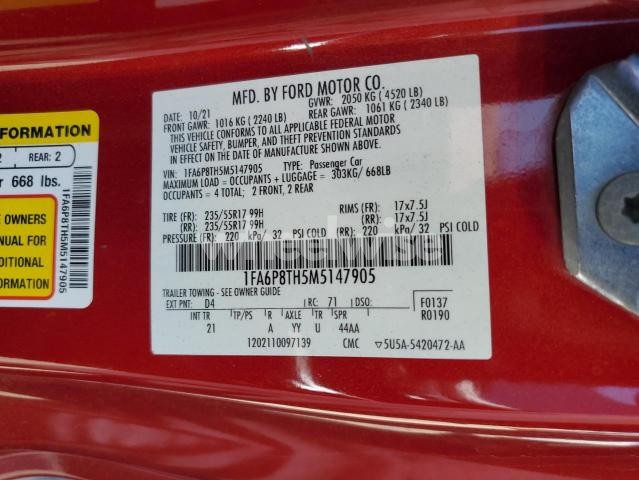 Photo 11 of 2021 FORD MUSTANG (VIN 1FA6P8TH5M5147905)