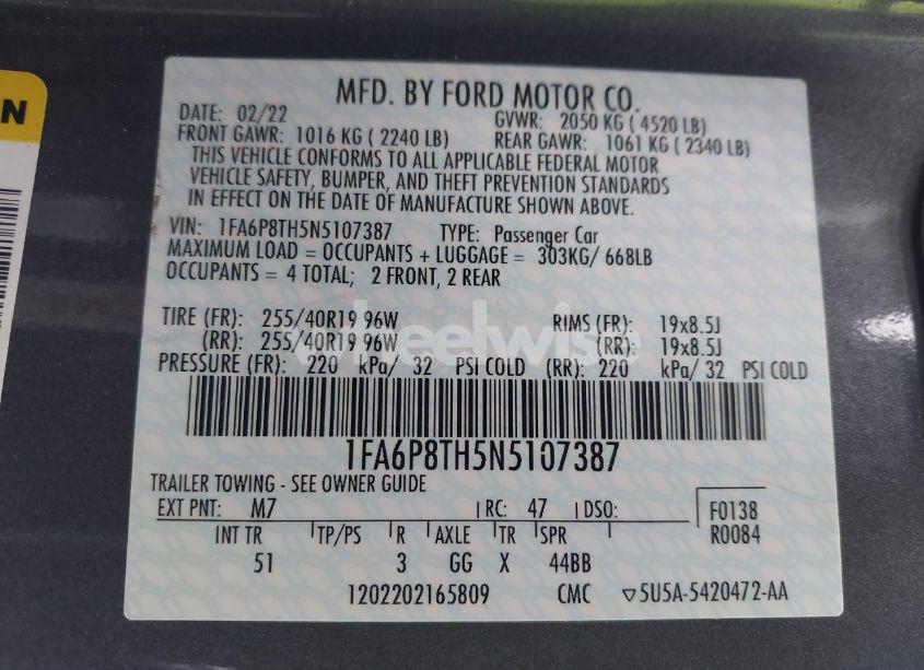 Photo 9 of 2022 Ford Mustang ECOBOOST PREMIUM FASTBACK (VIN 1FA6P8TH5N5107387)