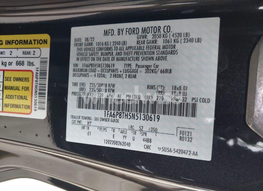 Photo 9 of 2022 Ford Mustang ECOBOOST PREMIUM FASTBACK (VIN 1FA6P8TH5N5130619)