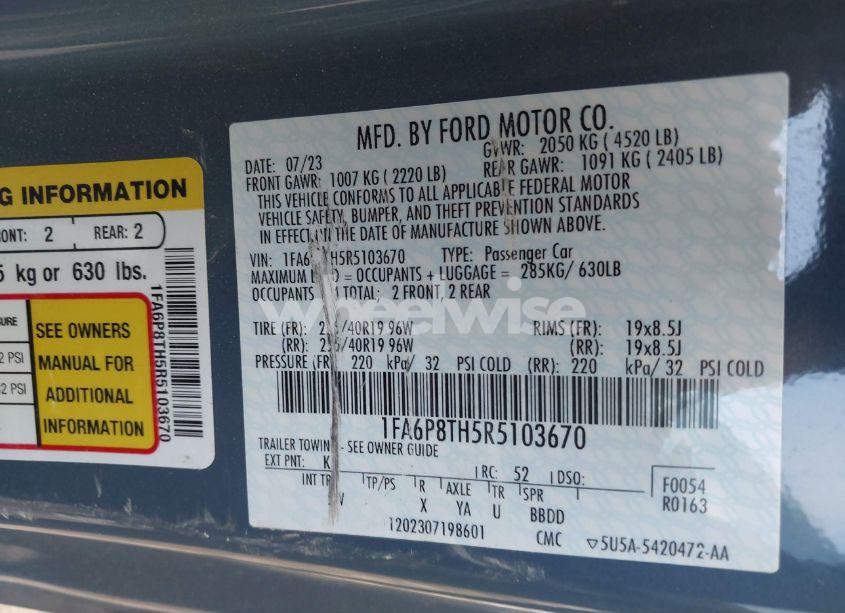 Photo 9 of 2024 Ford Mustang ECOBOOST PREMIUM FASTBACK (VIN 1FA6P8TH5R5103670)