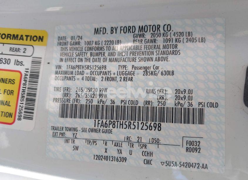 Photo 9 of 2024 Ford Mustang ECOBOOST PREMIUM FASTBACK (VIN 1FA6P8TH5R5125698)