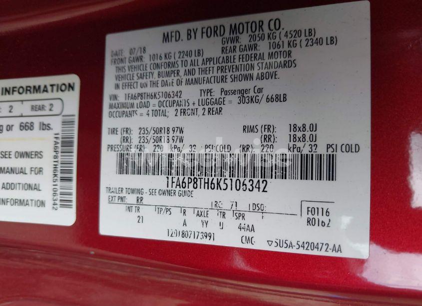 Photo 9 of 2019 Ford Mustang ECOBOOST (VIN 1FA6P8TH6K5106342)