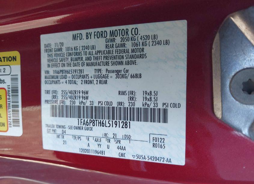 Photo 9 of 2020 Ford Mustang ECOBOOST (VIN 1FA6P8TH6L5191281)