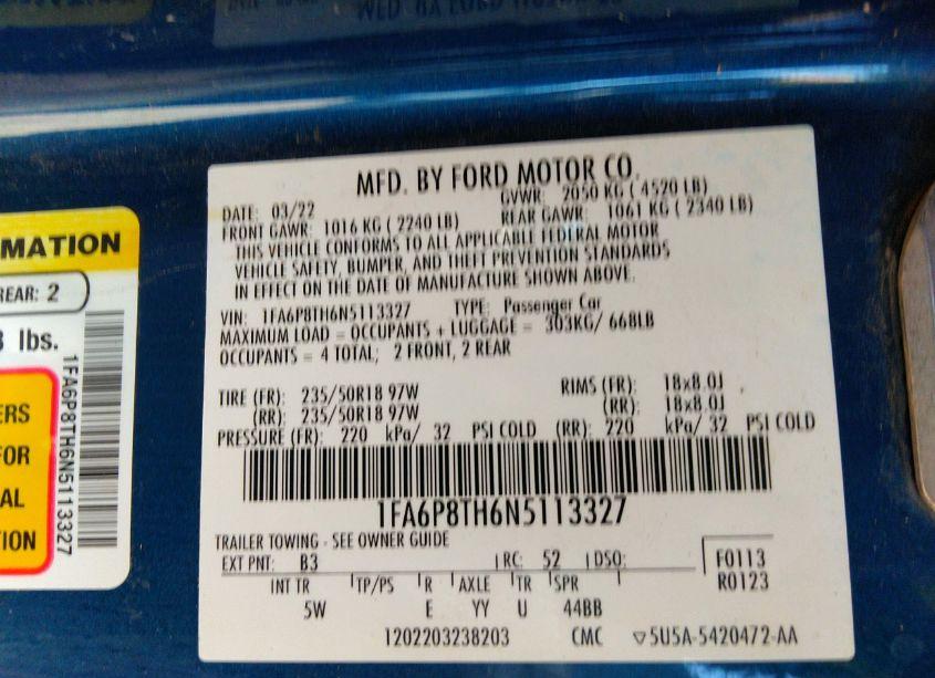 Photo 9 of 2022 Ford Mustang ECOBOOST PREMIUM FASTBACK (VIN 1FA6P8TH6N5113327)