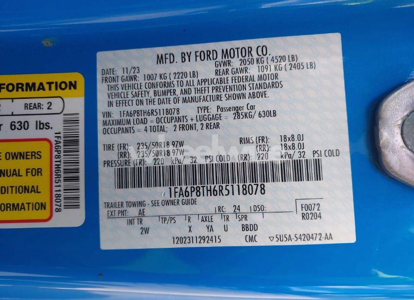 Photo 9 of 2024 Ford Mustang ECOBOOST FASTBACK (VIN 1FA6P8TH6R5118078)