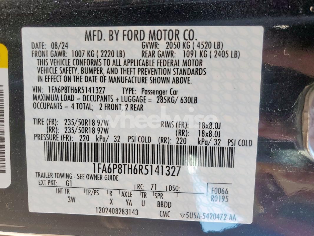 Photo 2 of 2024 FORD MUSTANG (VIN 1FA6P8TH6R5141327)