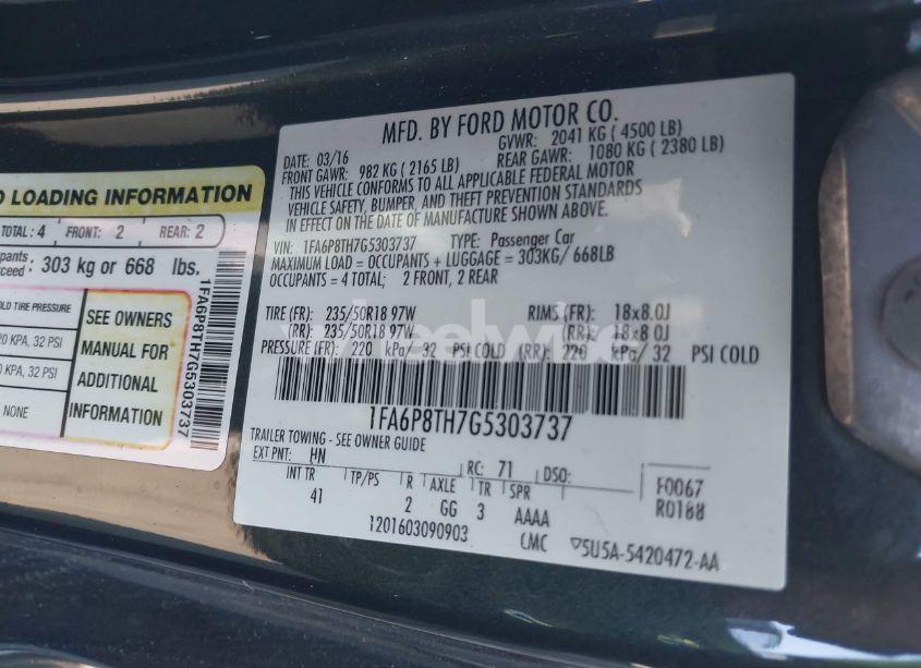 Photo 9 of 2016 Ford Mustang ECOBOOST (VIN 1FA6P8TH7G5303737)