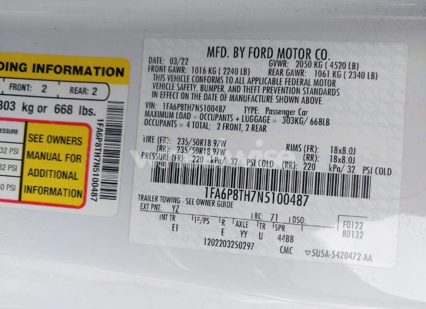 Photo 9 of 2022 Ford Mustang ECOBOOST PREMIUM FASTBACK (VIN 1FA6P8TH7N5100487)