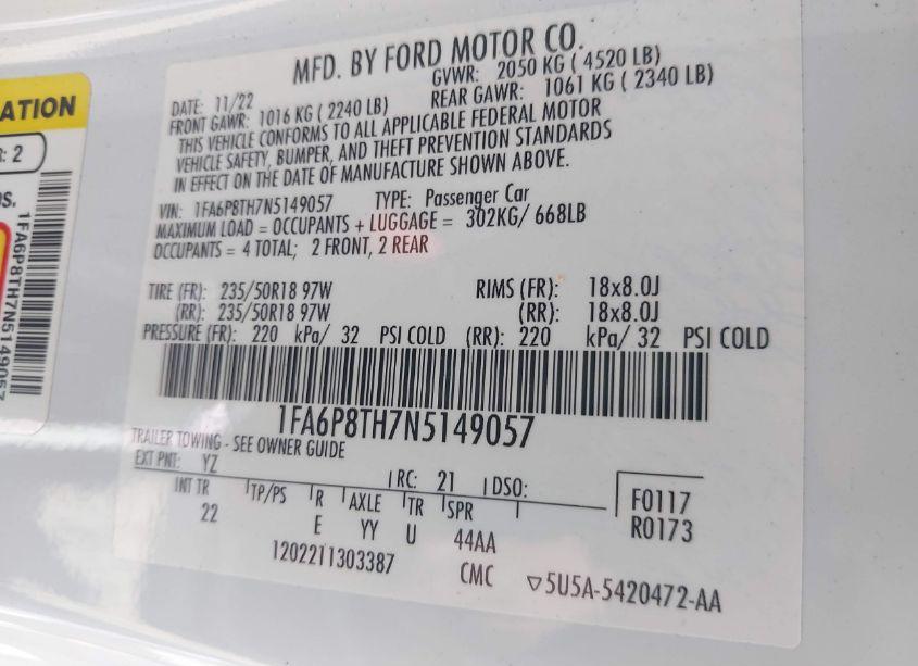 Photo 9 of 2022 Ford Mustang ECOBOOST FASTBACK (VIN 1FA6P8TH7N5149057)