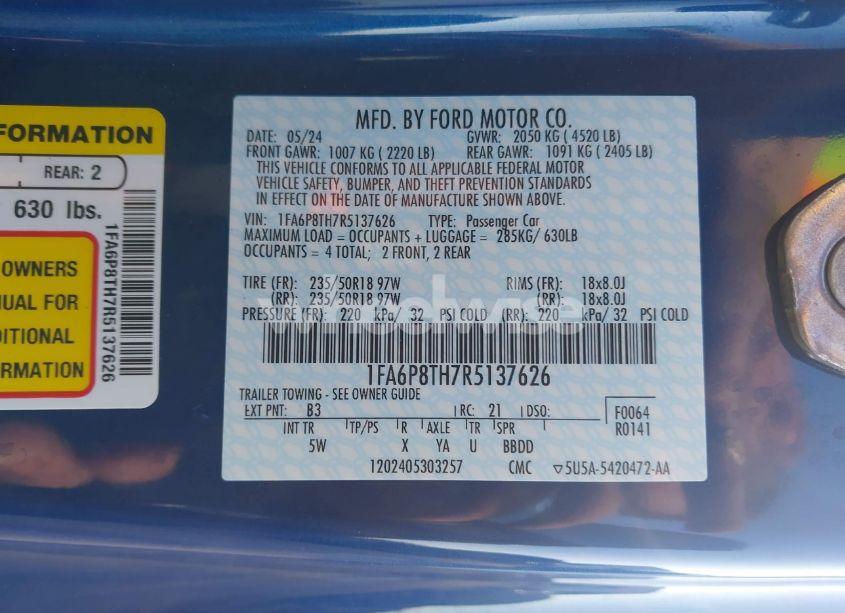 Photo 9 of 2024 Ford Mustang ECOBOOST PREMIUM FASTBACK (VIN 1FA6P8TH7R5137626)