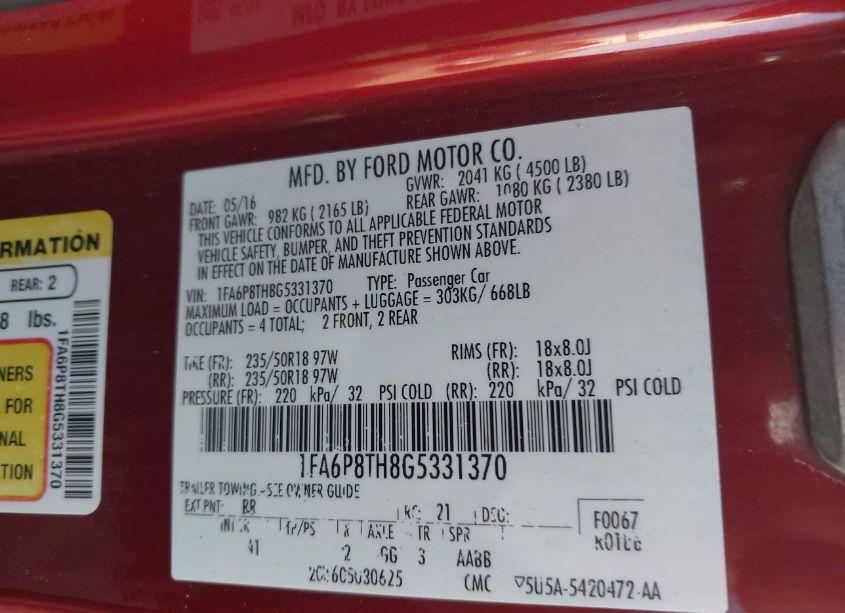 Photo 9 of 2016 Ford Mustang ECOBOOST (VIN 1FA6P8TH8G5331370)