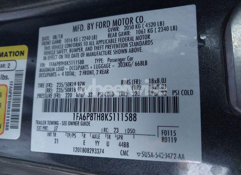 Photo 9 of 2019 Ford Mustang ECOBOOST (VIN 1FA6P8TH8K5111588)