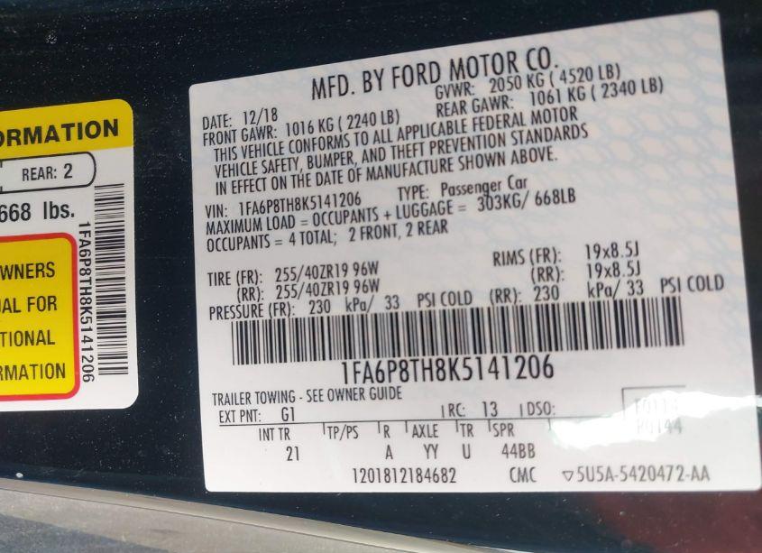 Photo 9 of 2019 Ford Mustang ECOBOOST (VIN 1FA6P8TH8K5141206)