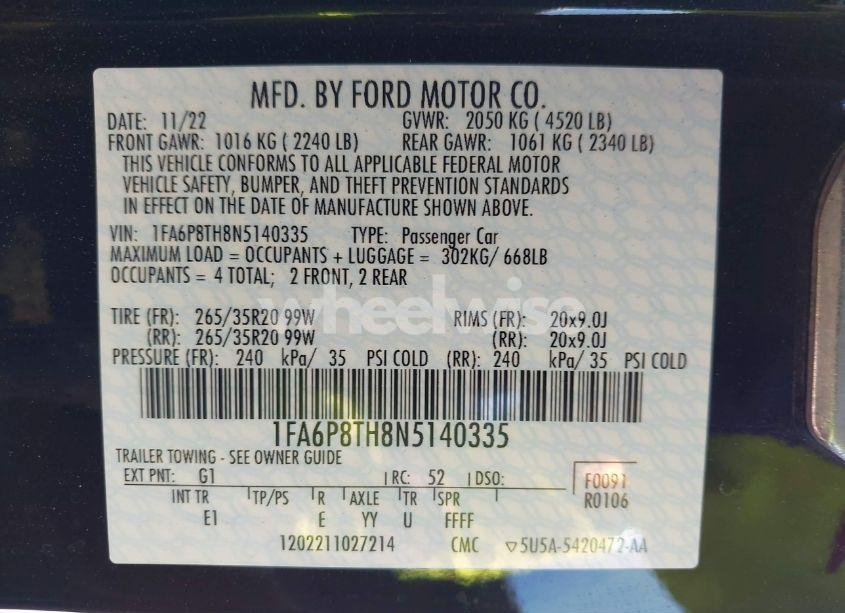 Photo 9 of 2022 Ford Mustang ECOBOOST PREMIUM FASTBACK (VIN 1FA6P8TH8N5140335)