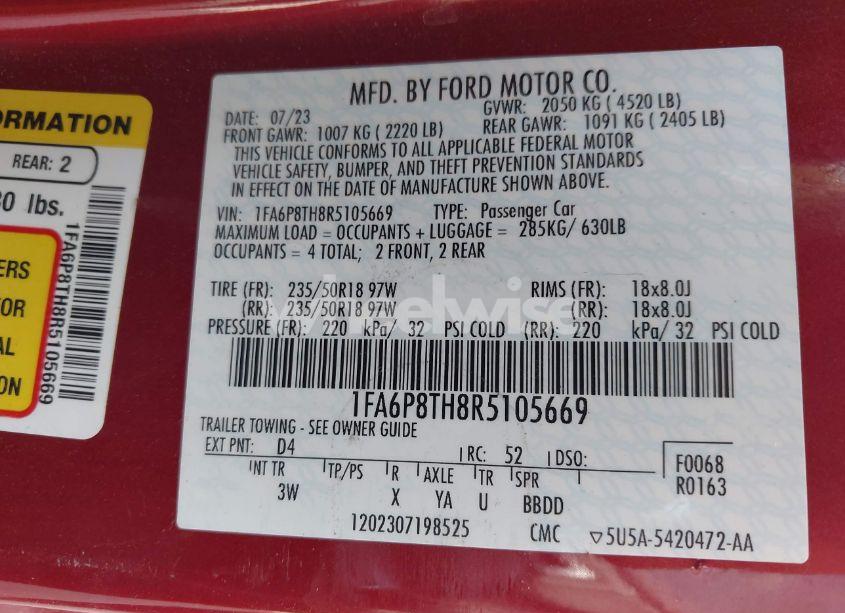 Photo 9 of 2024 Ford Mustang ECOBOOST PREMIUM FASTBACK (VIN 1FA6P8TH8R5105669)