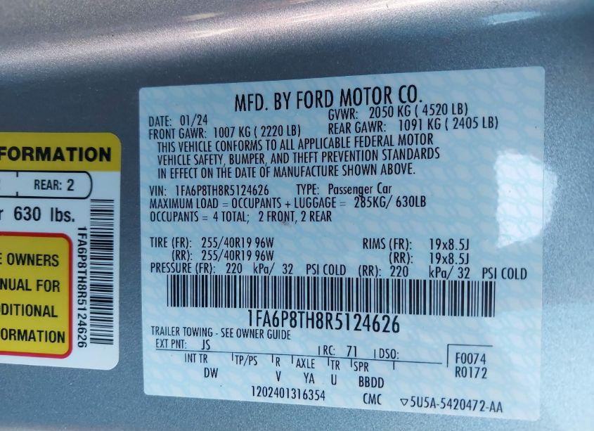 Photo 9 of 2024 Ford Mustang ECOBOOST FASTBACK (VIN 1FA6P8TH8R5124626)