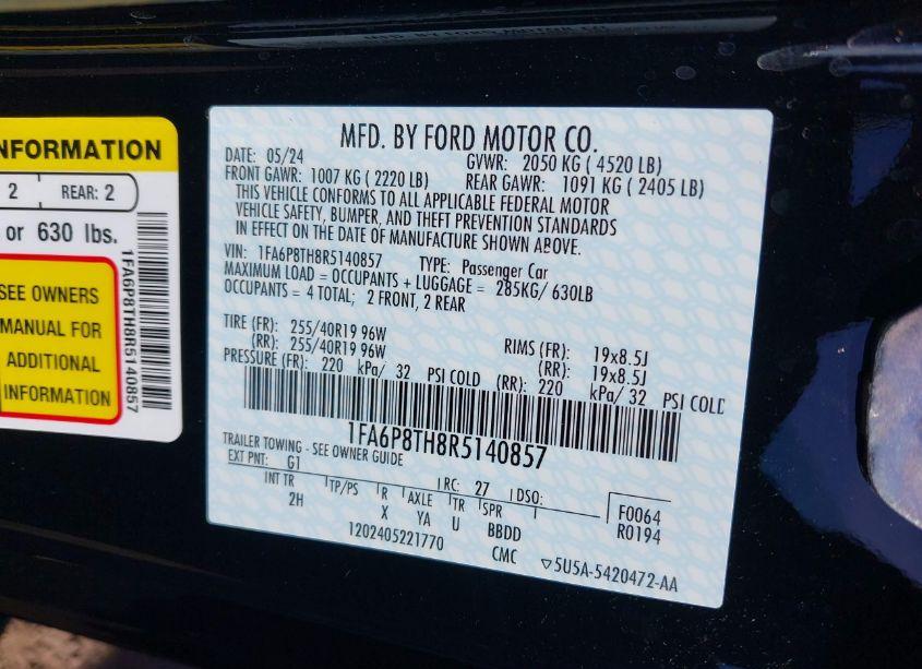 Photo 9 of 2024 Ford Mustang ECOBOOST (VIN 1FA6P8TH8R5140857)