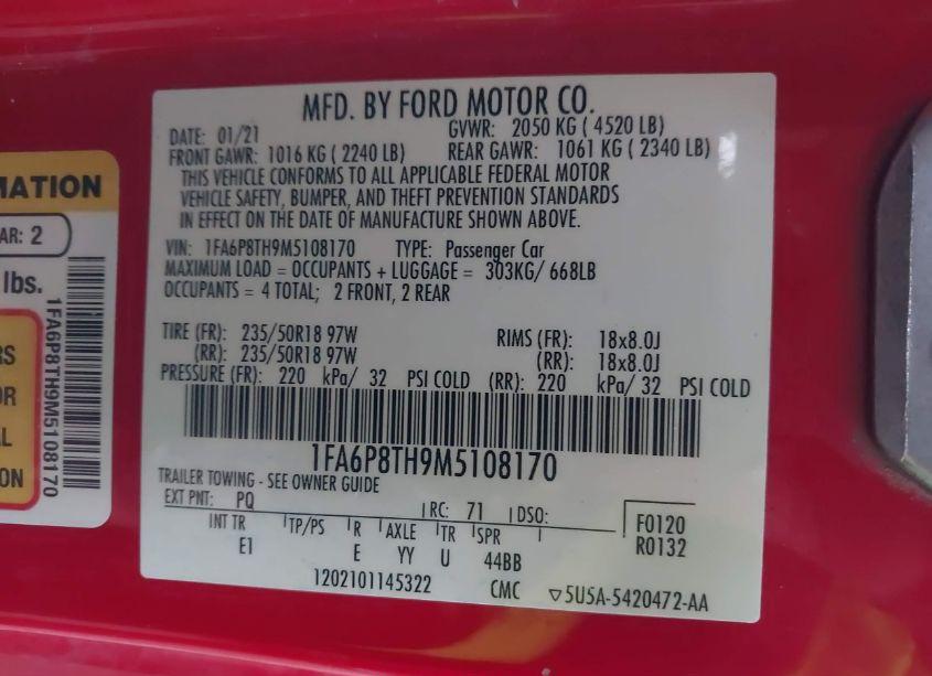 Photo 9 of 2021 Ford Mustang ECOBOOST PREMIUM (VIN 1FA6P8TH9M5108170)