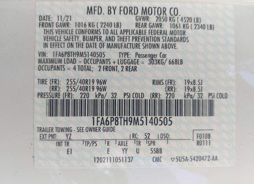 Photo 9 of 2021 Ford Mustang ECOBOOST PREMIUM (VIN 1FA6P8TH9M5140505)