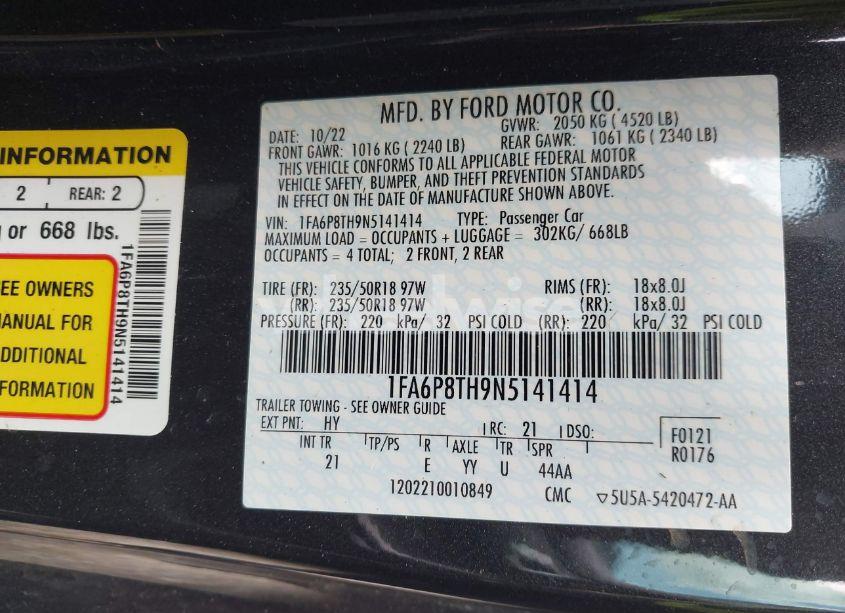 Photo 9 of 2022 Ford Mustang ECOBOOST FASTBACK (VIN 1FA6P8TH9N5141414)