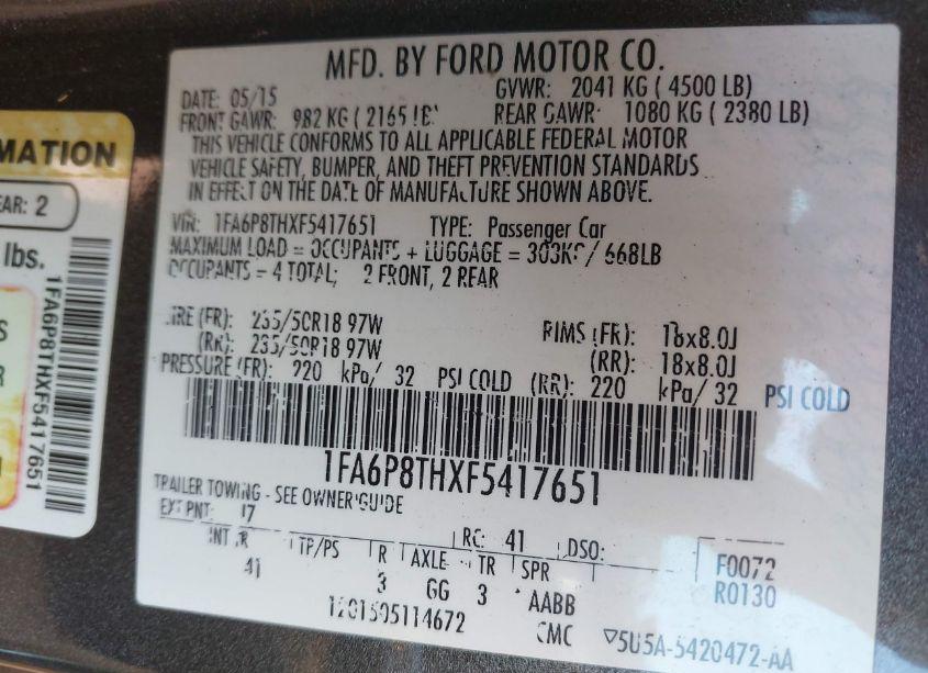 Photo 9 of 2015 Ford Mustang ECOBOOST (VIN 1FA6P8THXF5417651)