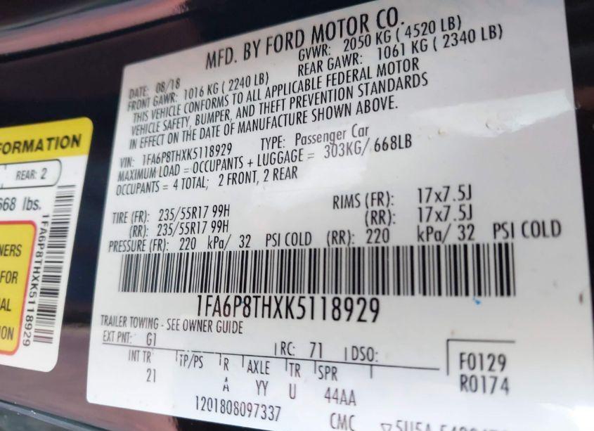 Photo 9 of 2019 Ford Mustang ECOBOOST (VIN 1FA6P8THXK5118929)