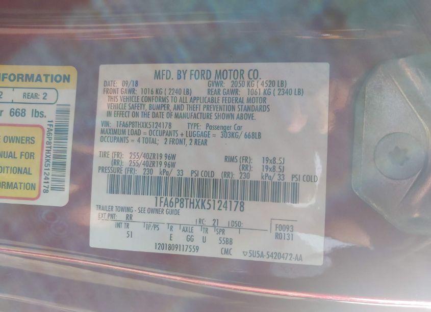 Photo 9 of 2019 Ford Mustang ECOBOOST PREMIUM (VIN 1FA6P8THXK5124178)