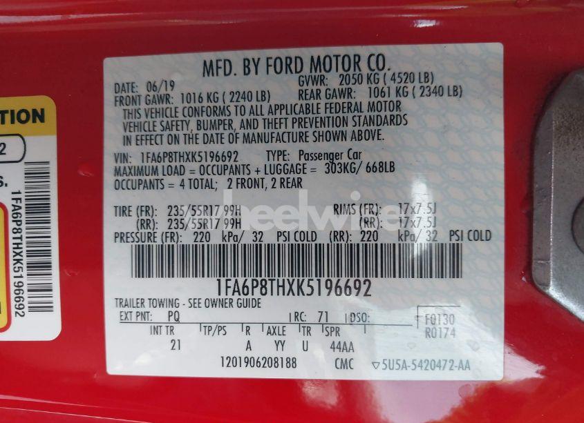 Photo 9 of 2019 Ford Mustang ECOBOOST (VIN 1FA6P8THXK5196692)