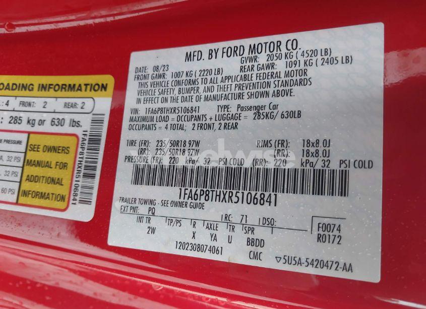 Photo 9 of 2024 Ford Mustang ECOBOOST FASTBACK (VIN 1FA6P8THXR5106841)