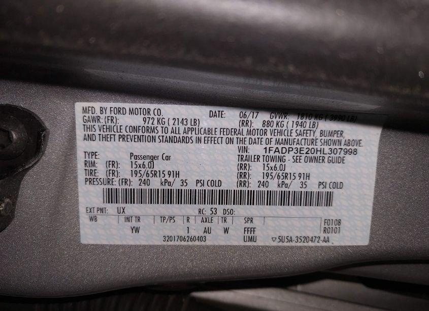 Photo 9 of 2017 Ford Focus S (VIN 1FADP3E20HL307998)